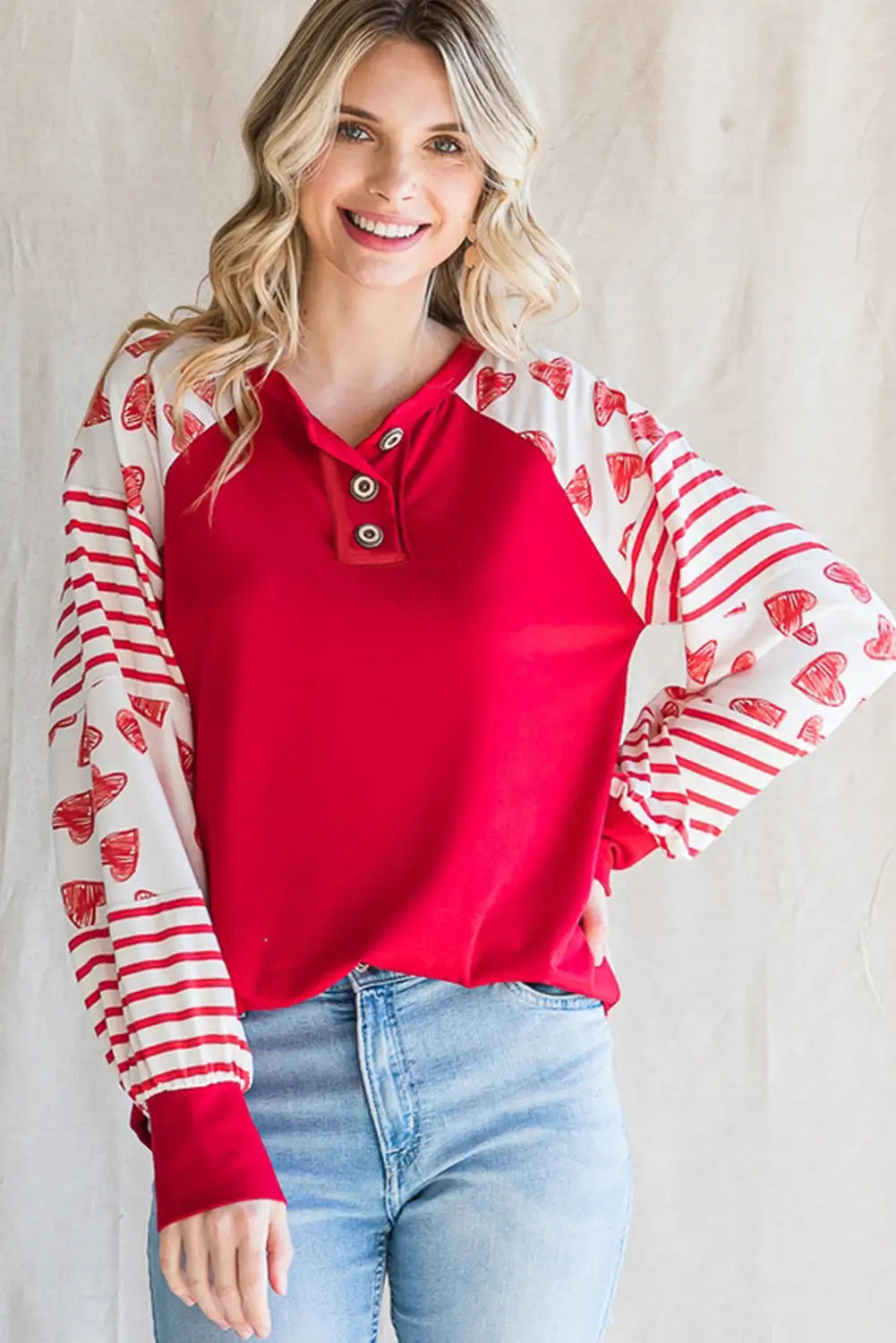 Fiery red heart striped raglan sleeve henley top - blouses & shirts