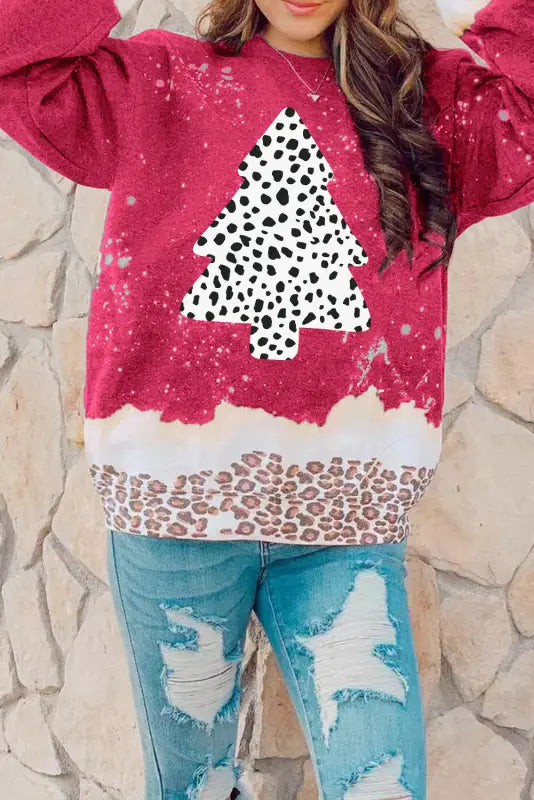 Fiery red leopard christmas tree print loose fit sweatshirt - graphic