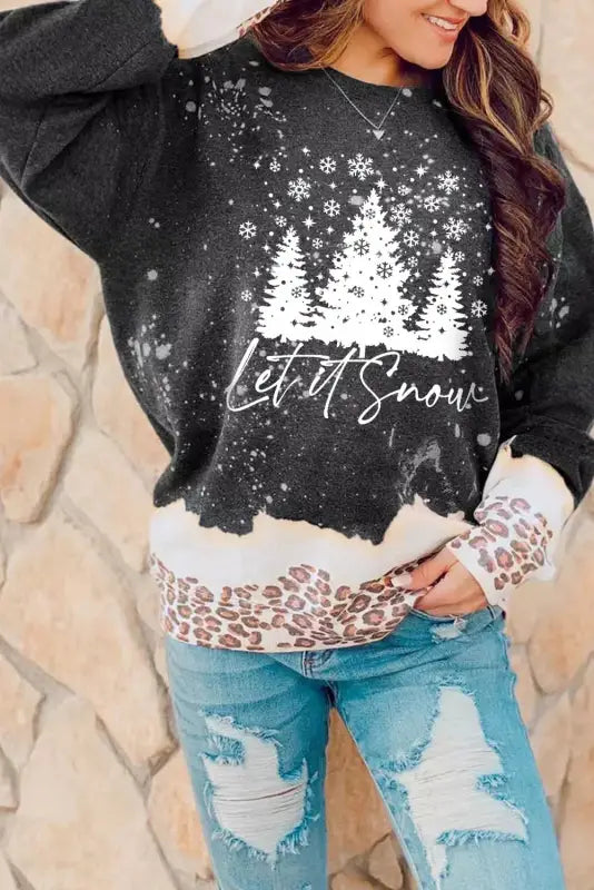 Fiery red leopard christmas tree print loose fit sweatshirt - black1 / 2xl / 95% polyester + 5% elastane - graphic