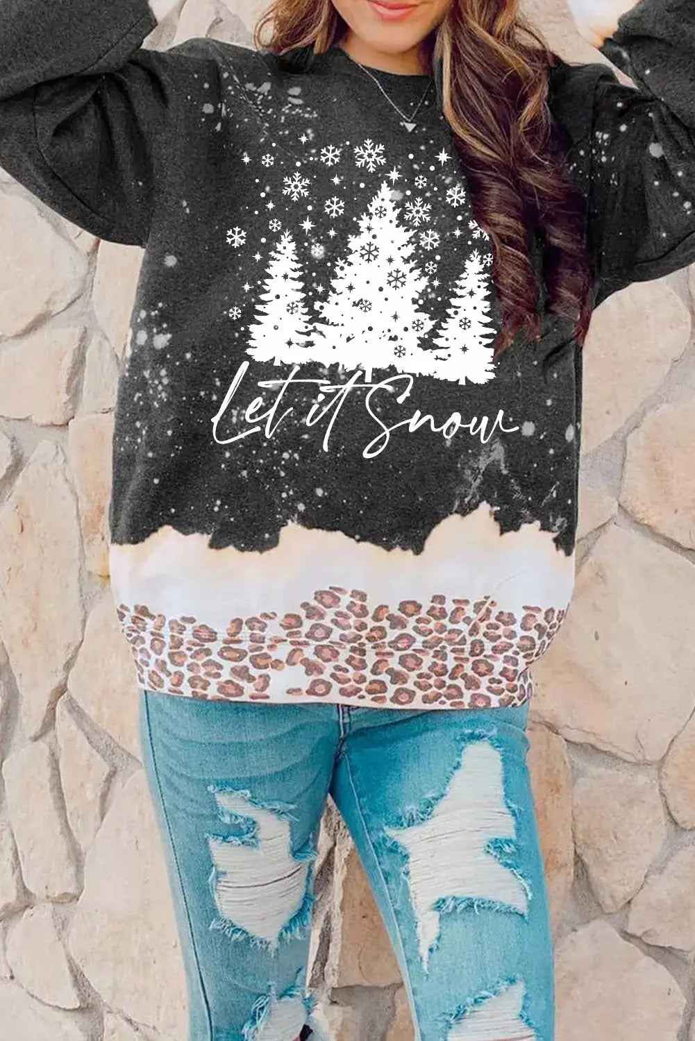 Fiery red leopard christmas tree print loose fit sweatshirt - graphic