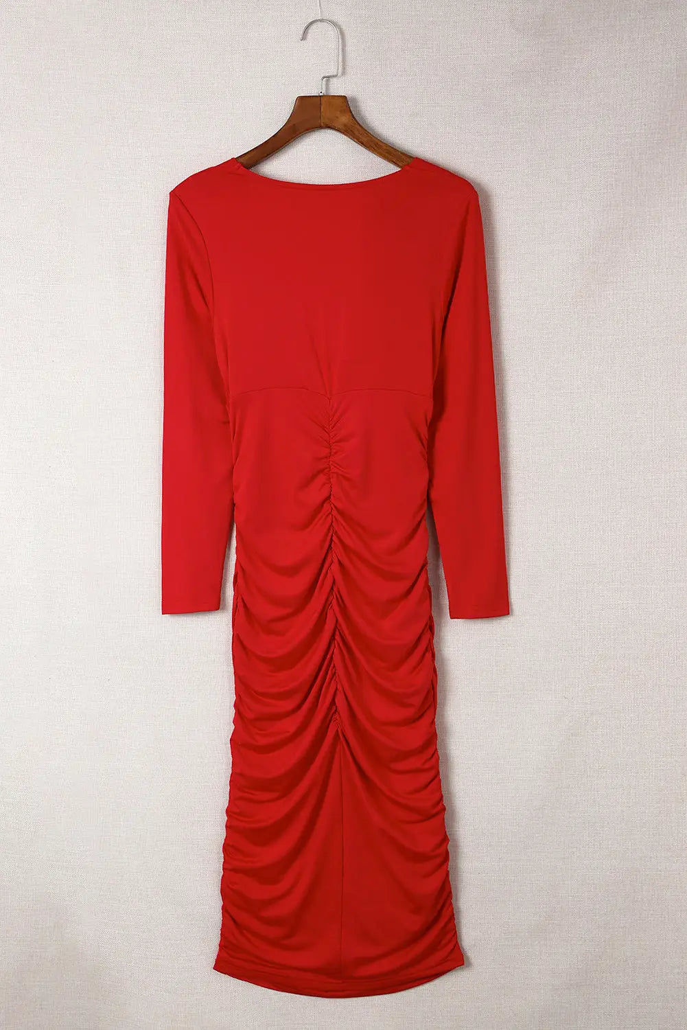 Fiery red long sleeves wrap v neck ruched sheath bodycon dress - dresses
