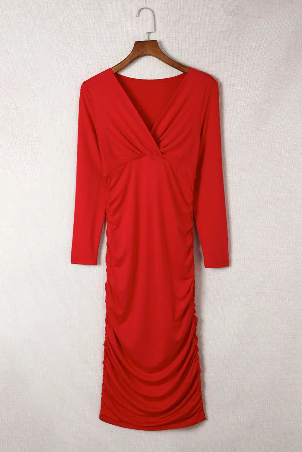 Fiery red long sleeves wrap v neck ruched sheath bodycon dress - dresses