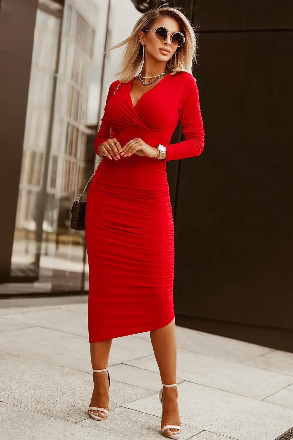 Fiery red long sleeves wrap v neck ruched sheath bodycon dress - l / 90% polyester + 10% elastane - dresses