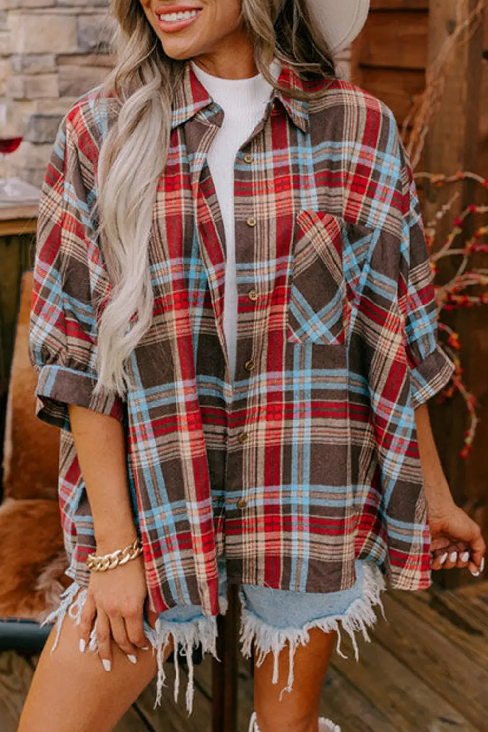 Fiery red loose bracelet sleeve plaid shirt - l / 65% polyester + 35% cotton - blouses & shirts