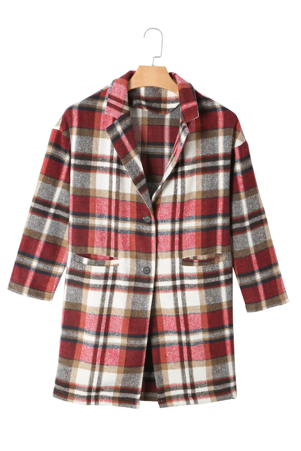 Fiery red plaid button up lapel jacket - outerwear