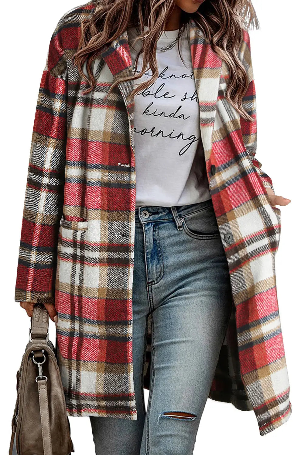 Fiery red plaid button up lapel jacket - shackets
