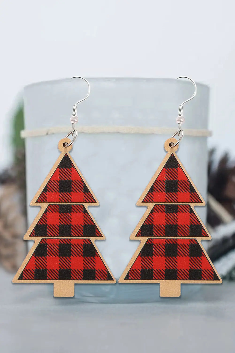 Fiery red plaid christmas tree wooden pendant earrings - one size / 100% wood