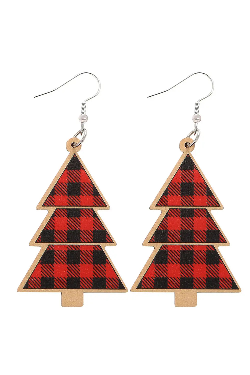 Fiery red plaid christmas tree wooden pendant earrings - one size / 100% wood