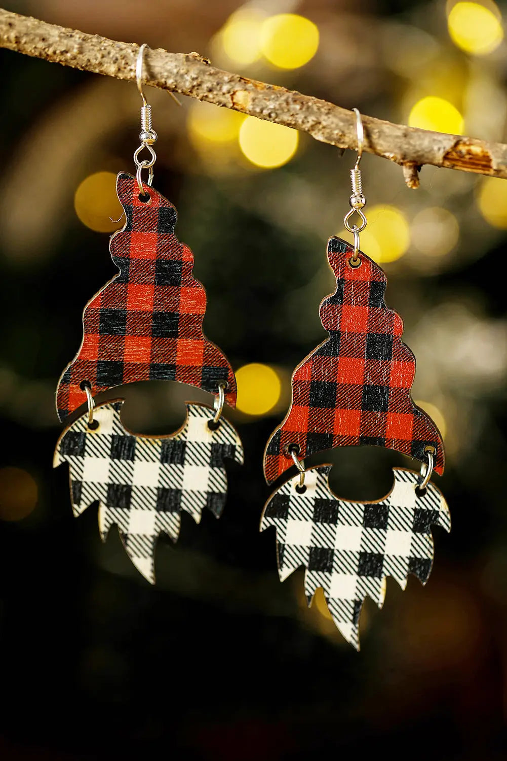 Fiery red plaid print christmas dangle earrings - one size / 100% wood
