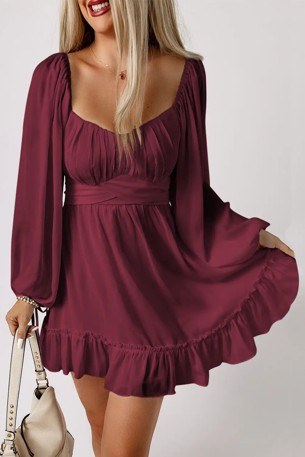 Fiery red plain ruffled high waist square neck mini dress - l / 100% polyester - dresses
