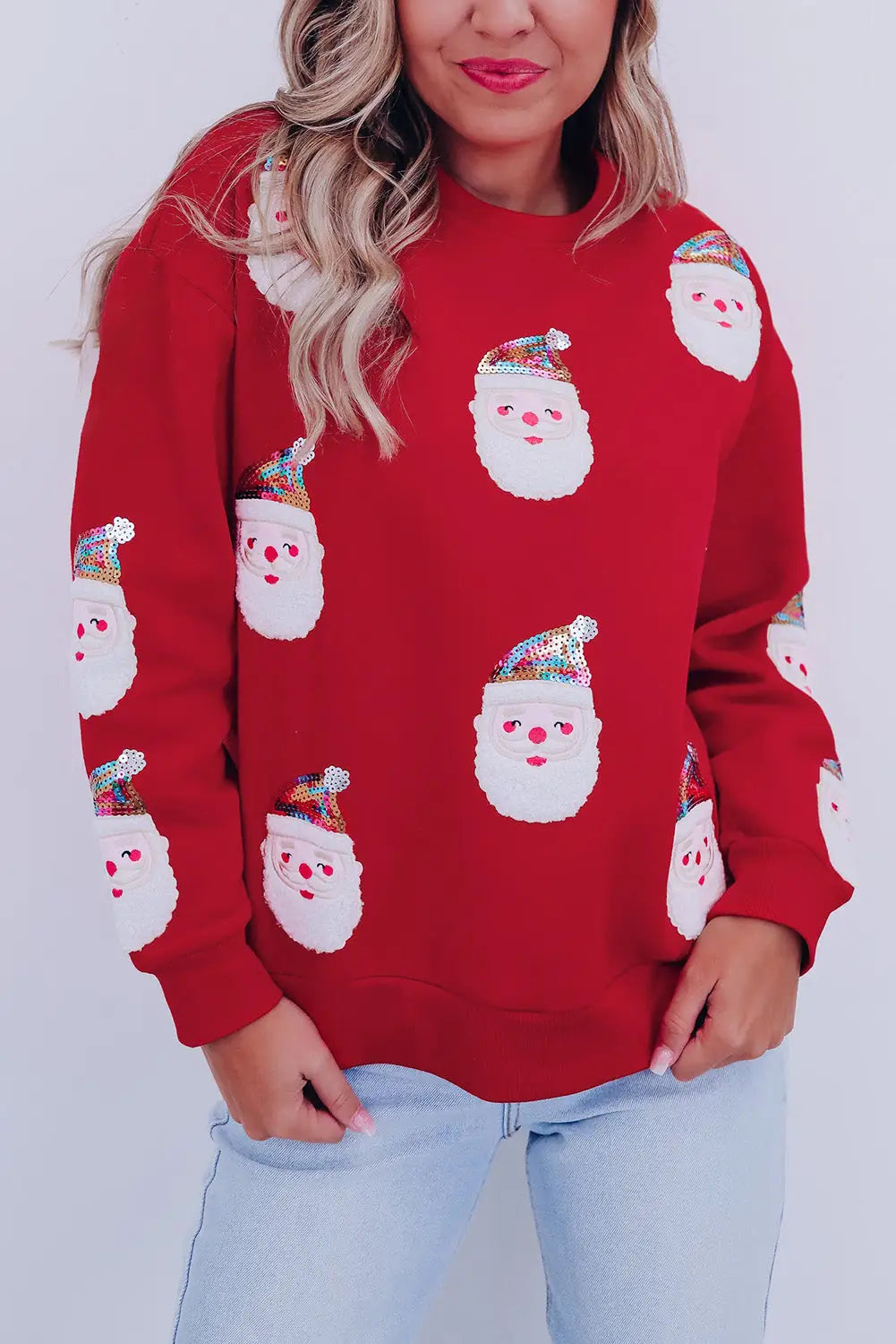 Fiery red sequined christmas santa clause graphic sweatshirt
