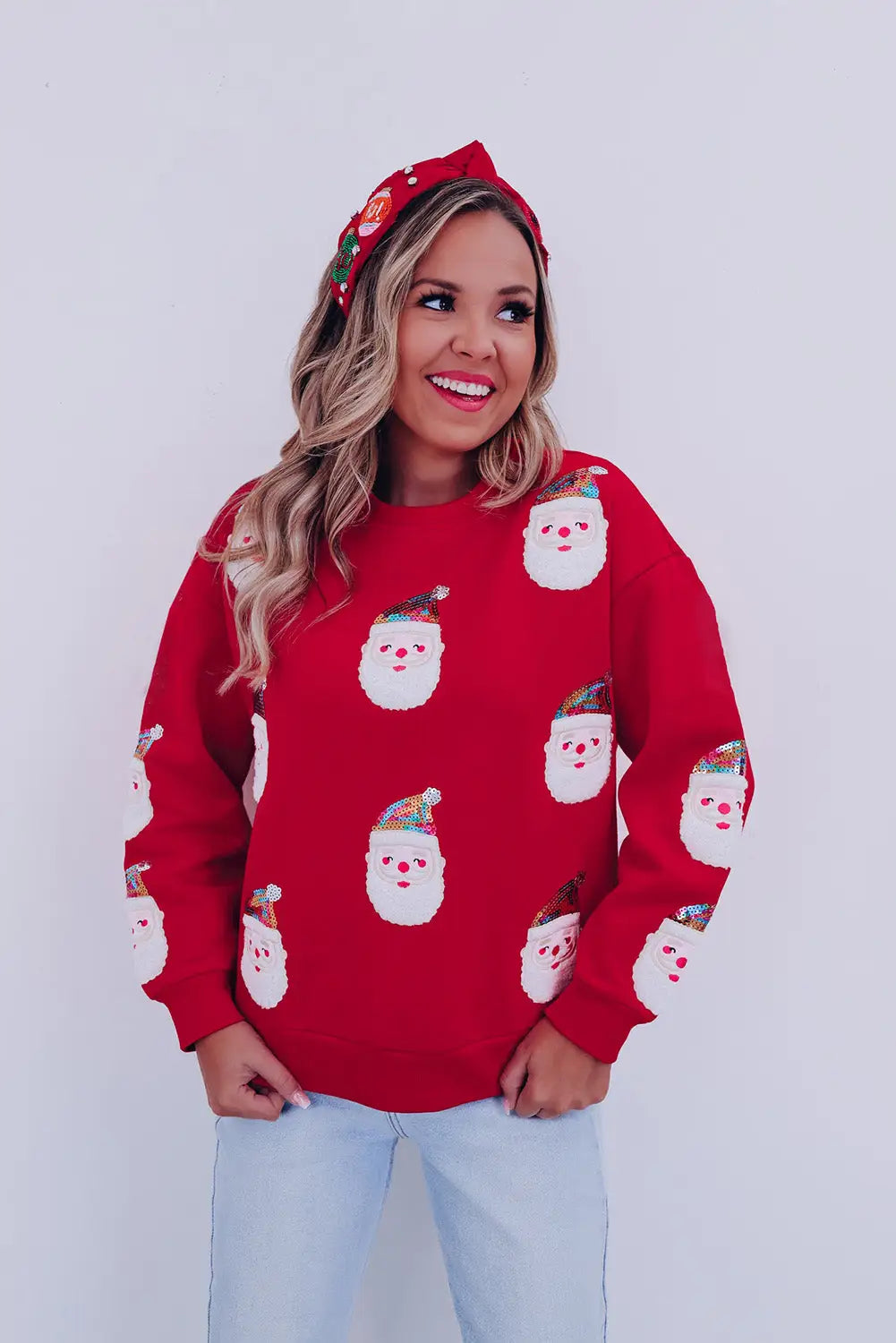 Fiery red sequined christmas santa clause graphic sweatshirt