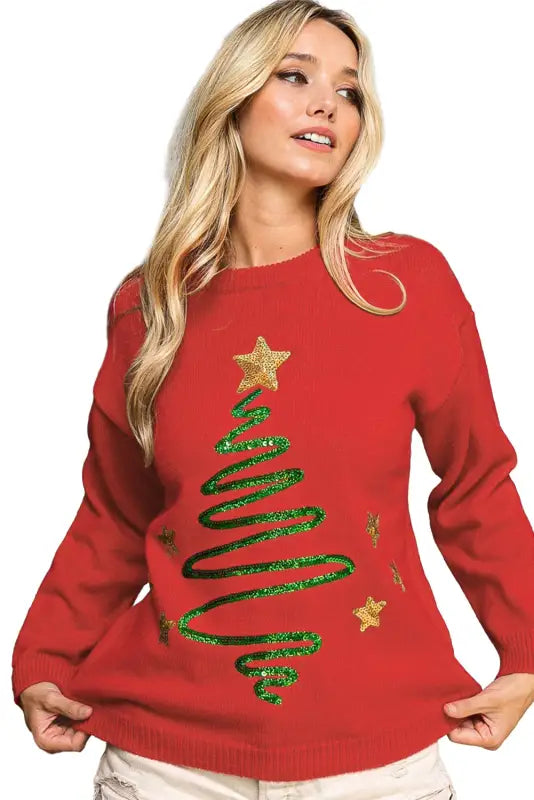 Fiery red sequined christmas tree sketch drop shoulder sweater - sweaters & cardigans