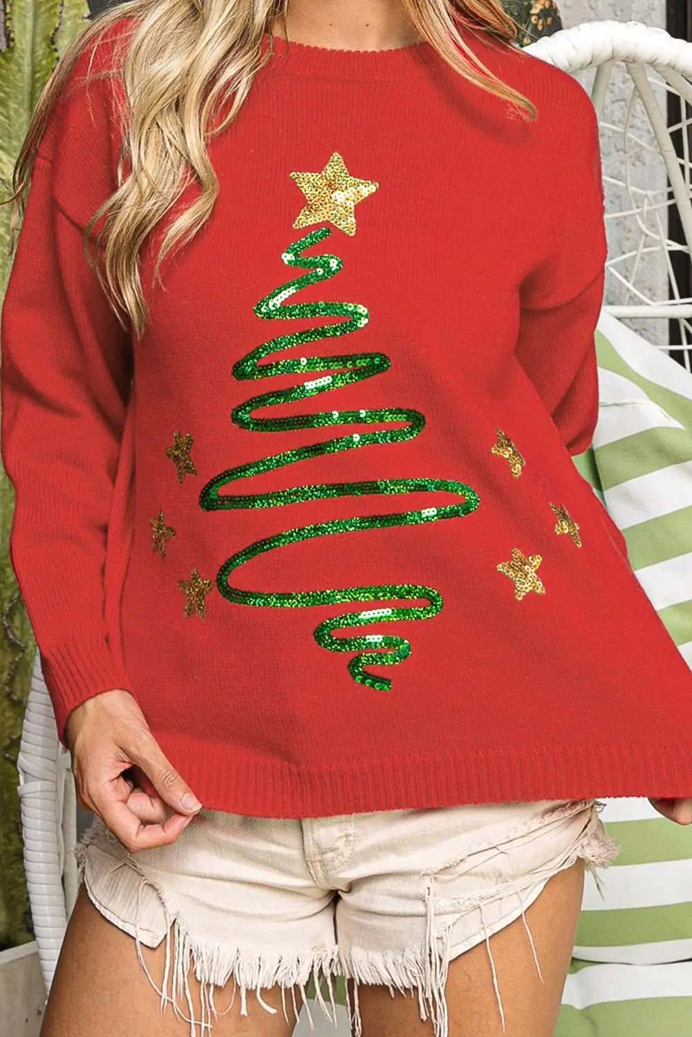 Fiery red sequined christmas tree sketch drop shoulder sweater - sweaters & cardigans