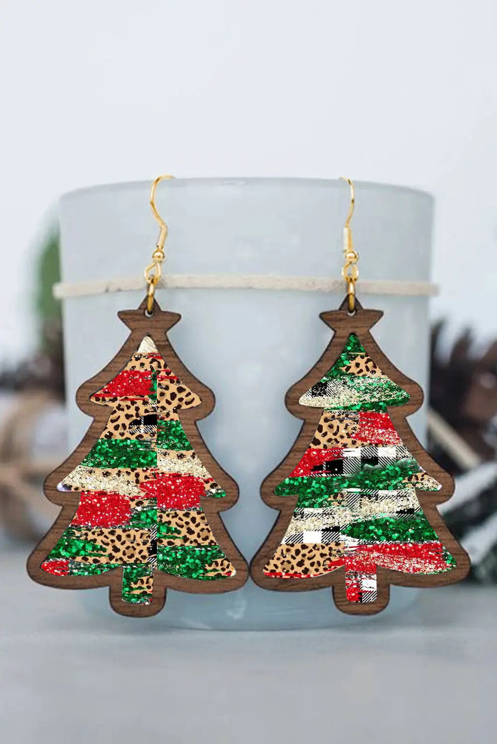Fiery red shade of leopard plaid christmas tree earrings - one size / 100% wood