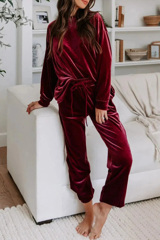 Fiery Red Solid Velvet Two Piece Lounge Set - Fashionfitz