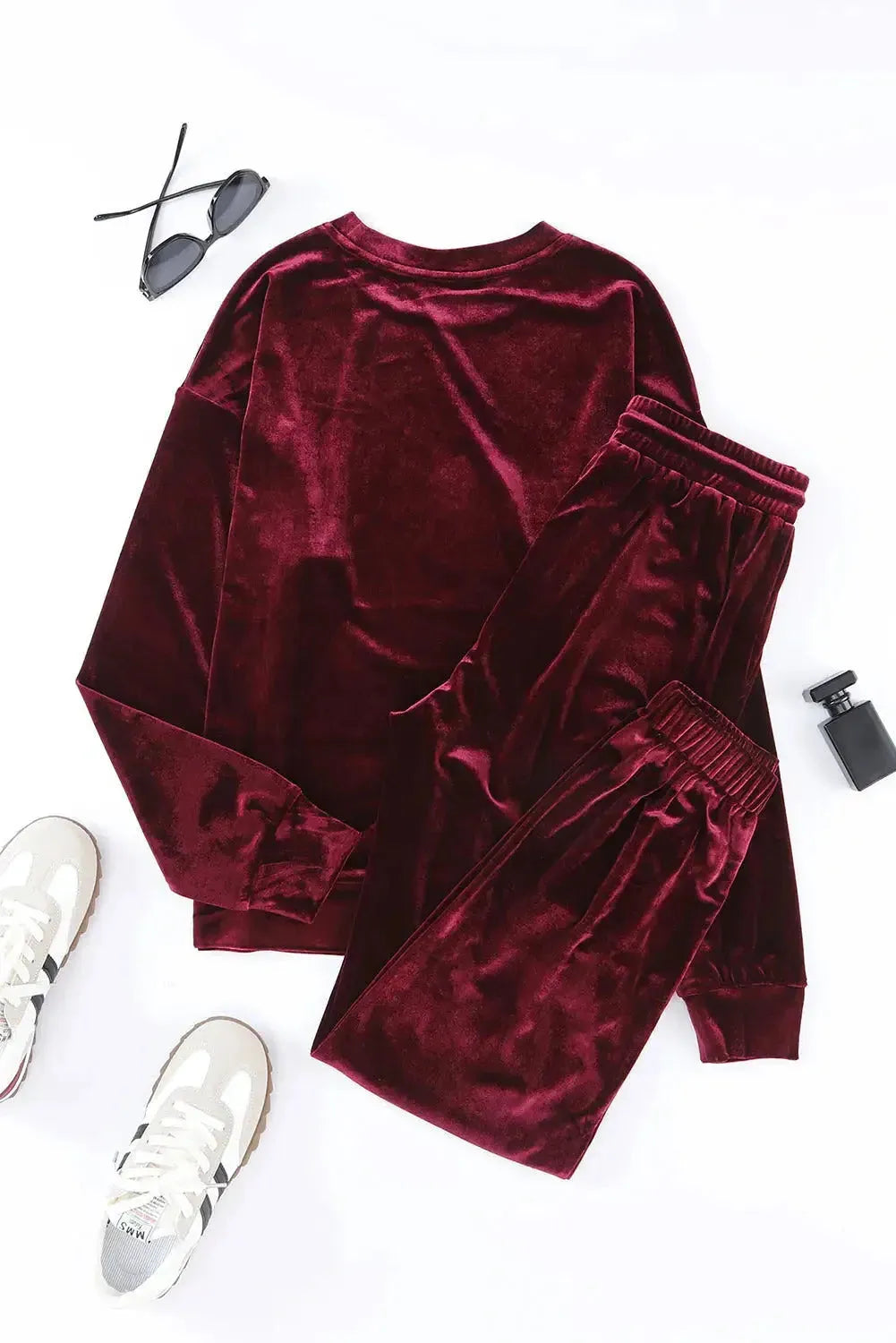 Fiery Red Solid Velvet Two Piece Lounge Set - Fashionfitz