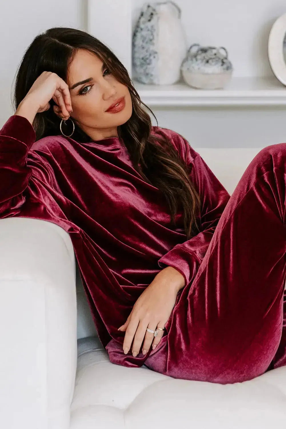 Fiery Red Solid Velvet Two Piece Lounge Set - Fashionfitz