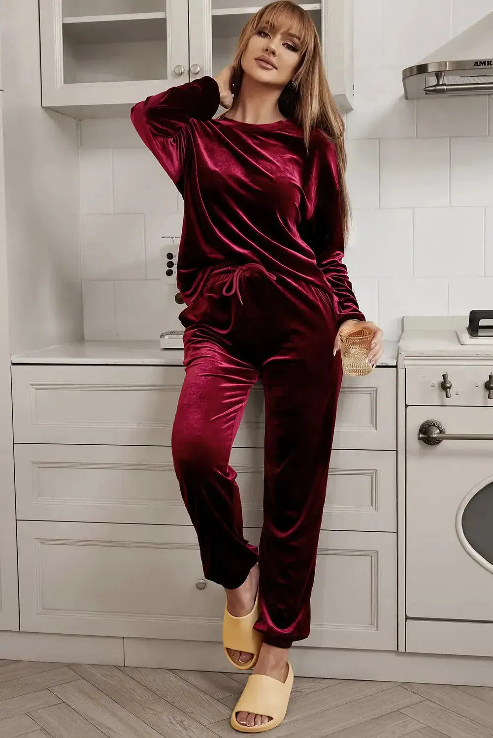 Fiery Red Solid Velvet Two Piece Lounge Set - Fashionfitz