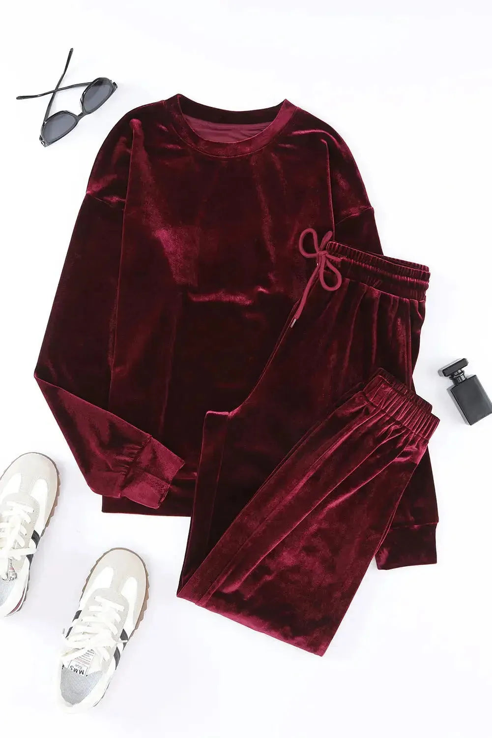 Fiery Red Solid Velvet Two Piece Lounge Set - Fashionfitz