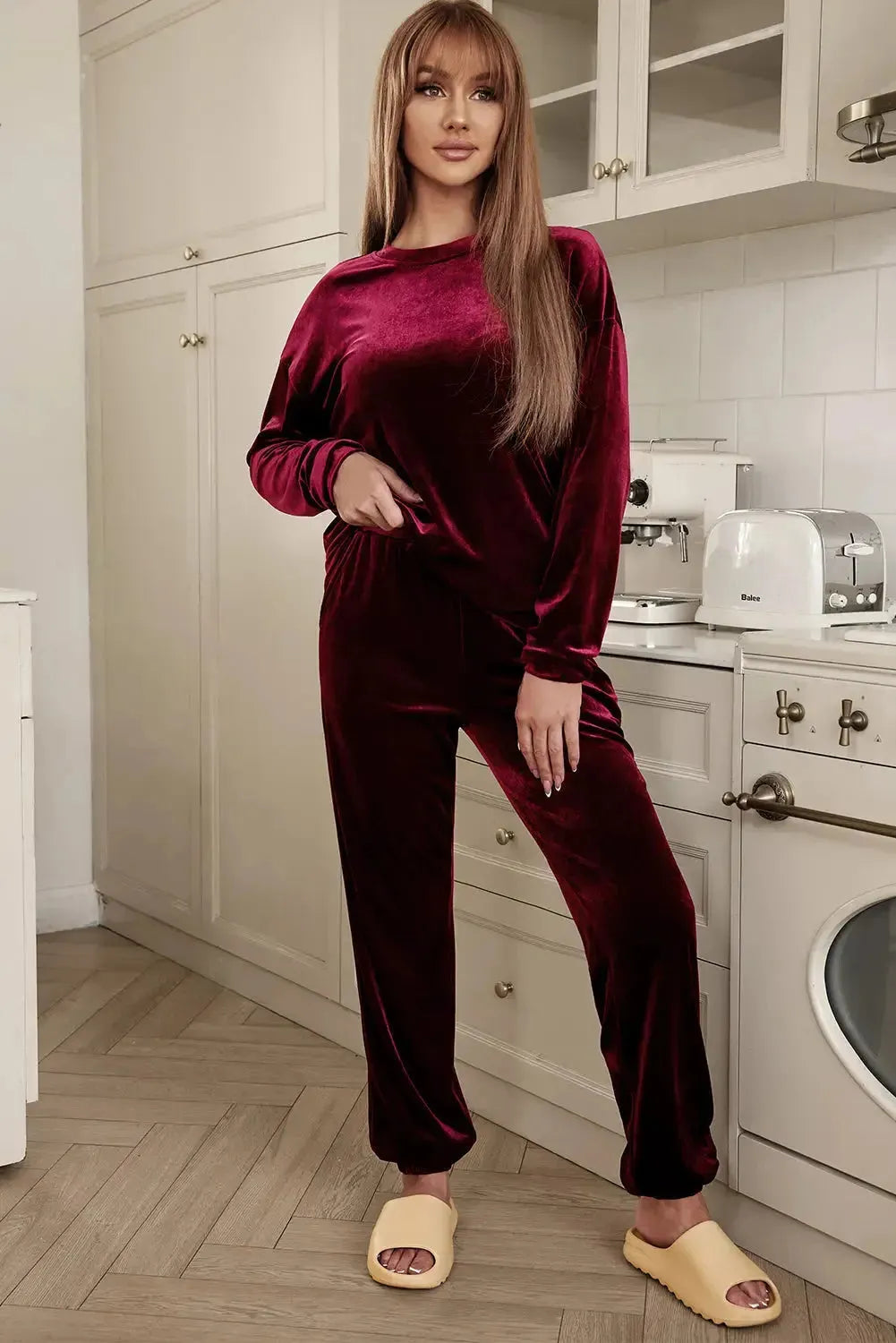 Fiery Red Solid Velvet Two Piece Lounge Set - Fashionfitz