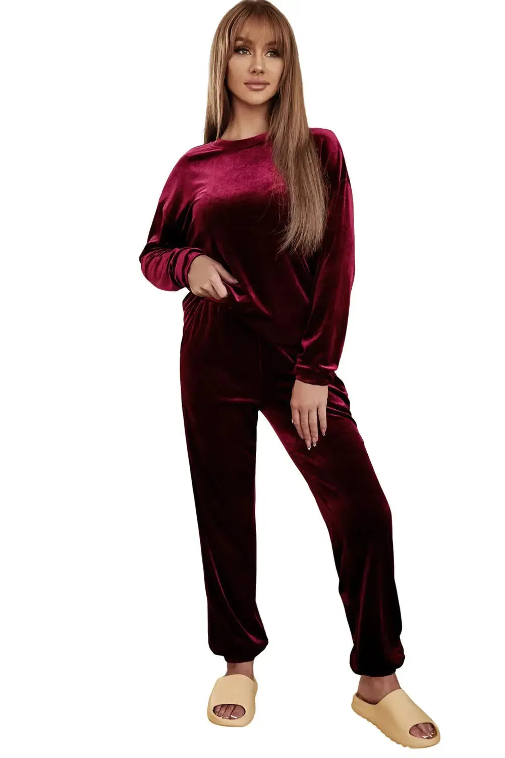 Fiery Red Solid Velvet Two Piece Lounge Set - Fashionfitz