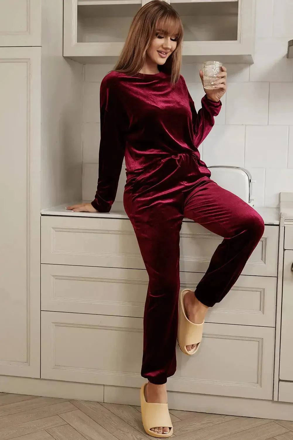 Fiery Red Solid Velvet Two Piece Lounge Set - Fashionfitz