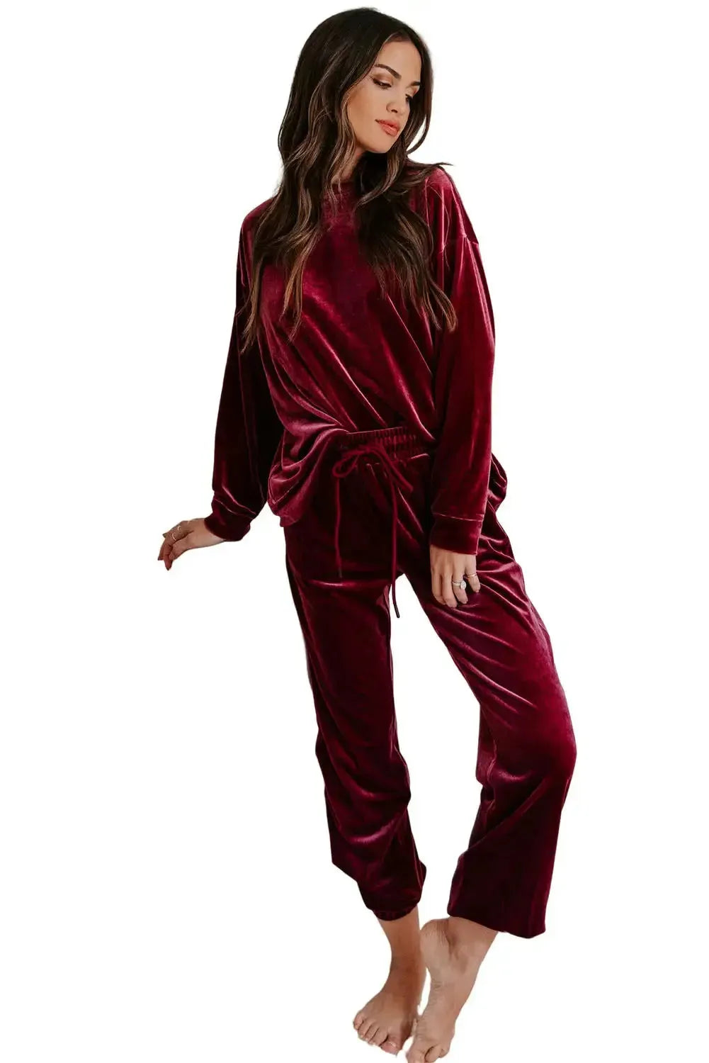Fiery Red Solid Velvet Two Piece Lounge Set - Fashionfitz