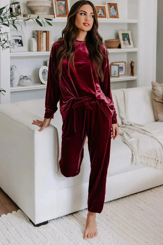 Fiery Red Solid Velvet Two Piece Lounge Set - Fashionfitz