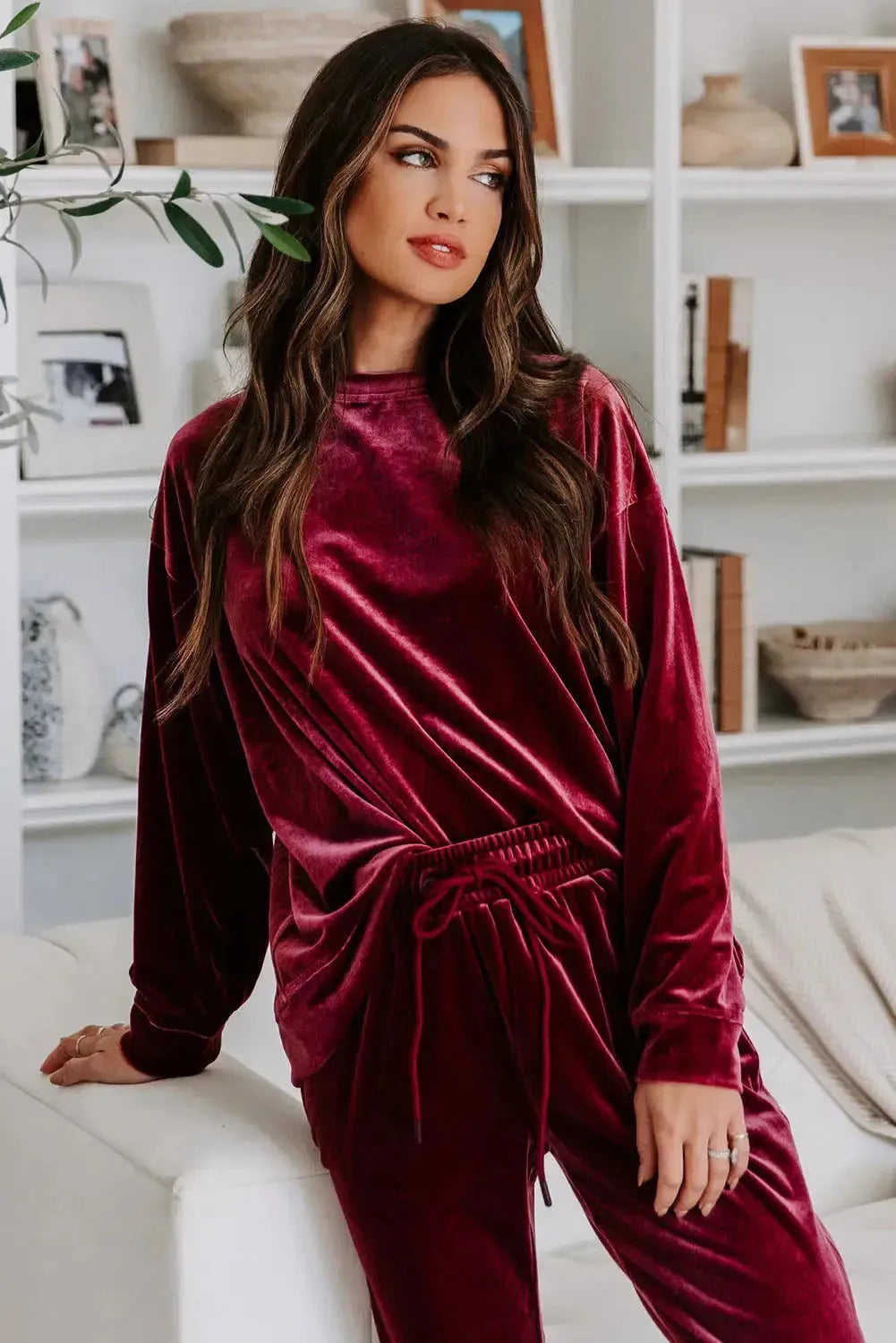 Fiery Red Solid Velvet Two Piece Lounge Set - Fashionfitz