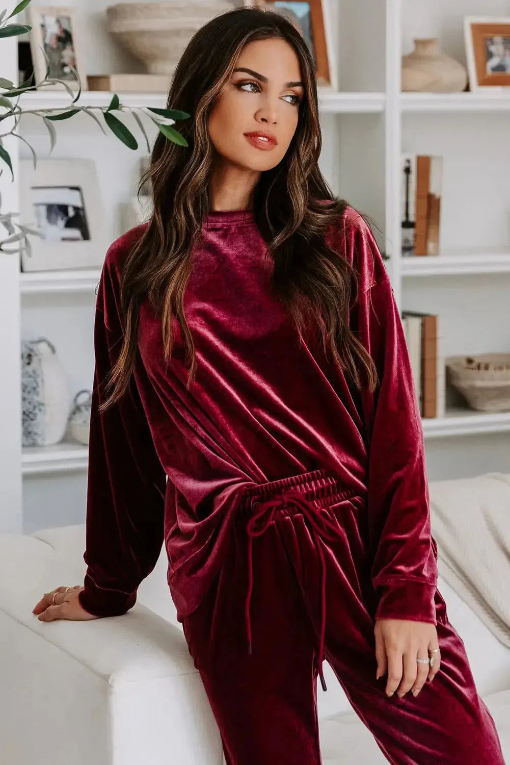 Fiery Red Solid Velvet Two Piece Lounge Set - Fashionfitz