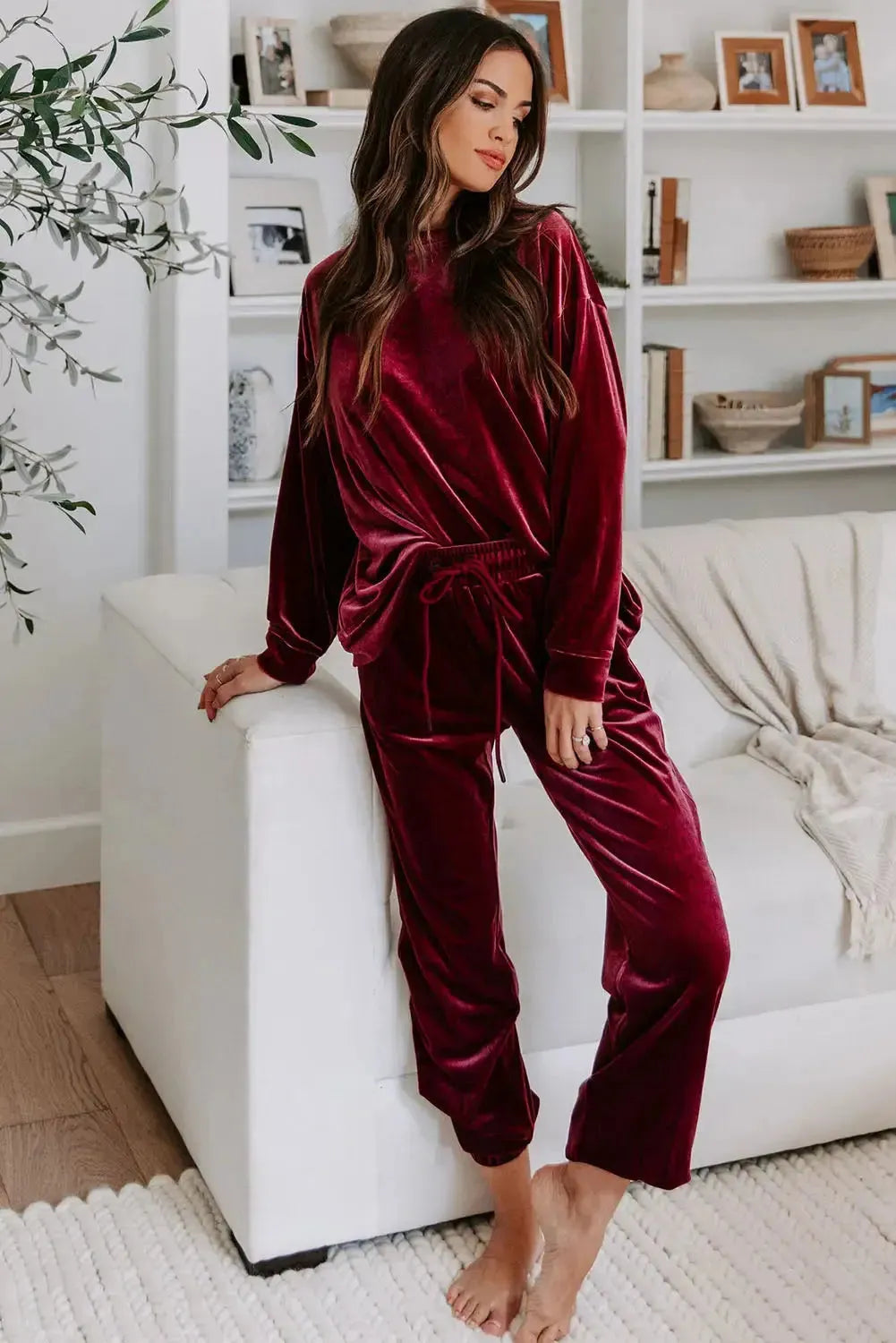 Fiery Red Solid Velvet Two Piece Lounge Set - Fashionfitz