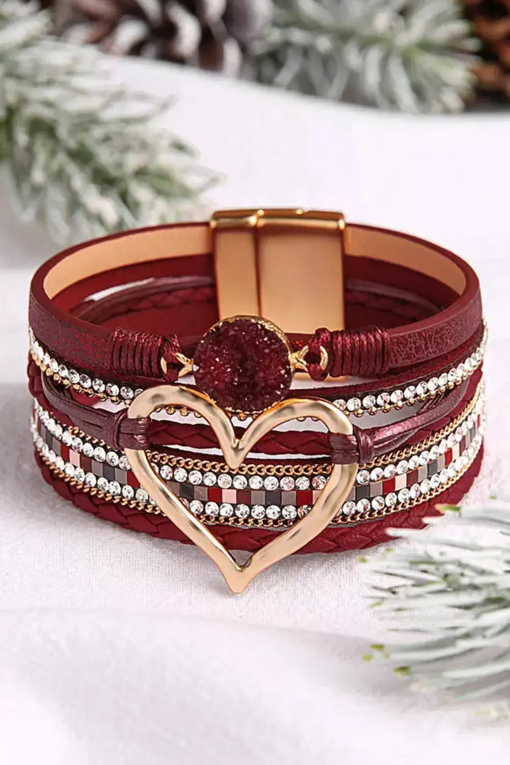 Fiery red valentine rhinestone heart layered bracelet - one
