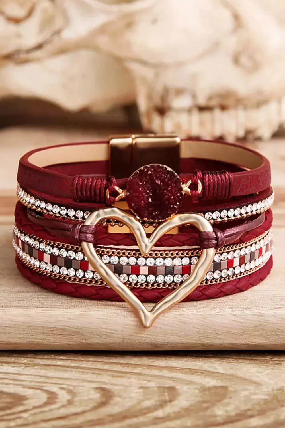 Fiery red valentine rhinestone heart layered bracelet - one size / metal - bracelets
