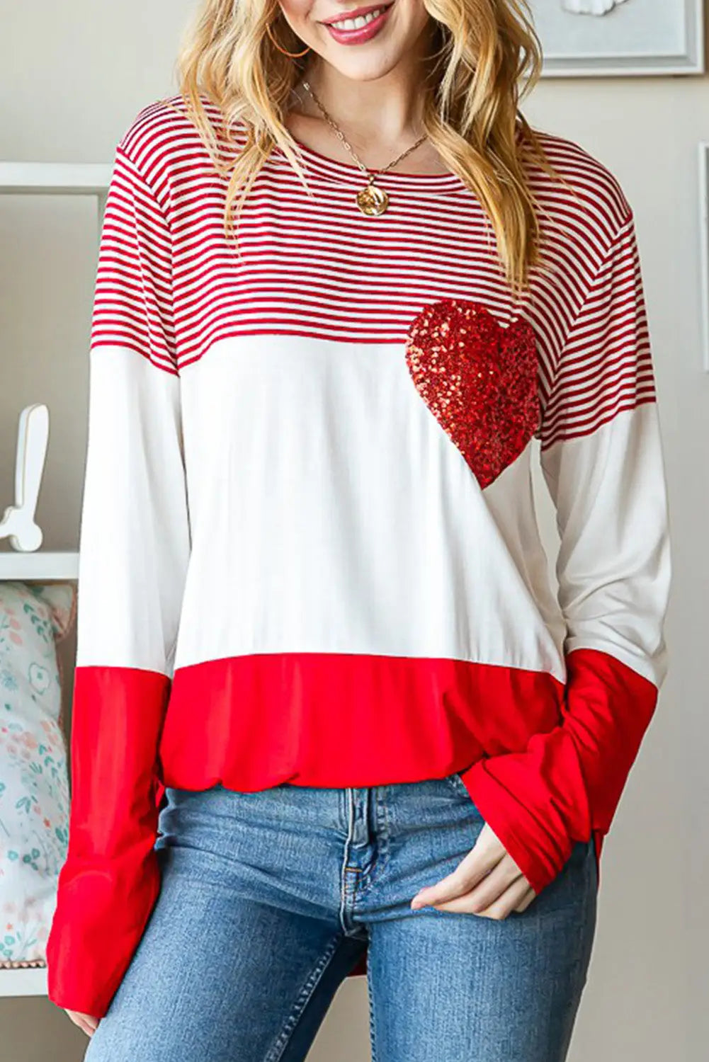 Fiery red valentine’s day sequin heart striped color-block top - l / 65% polyester + 30% viscose + 5% elastane - long