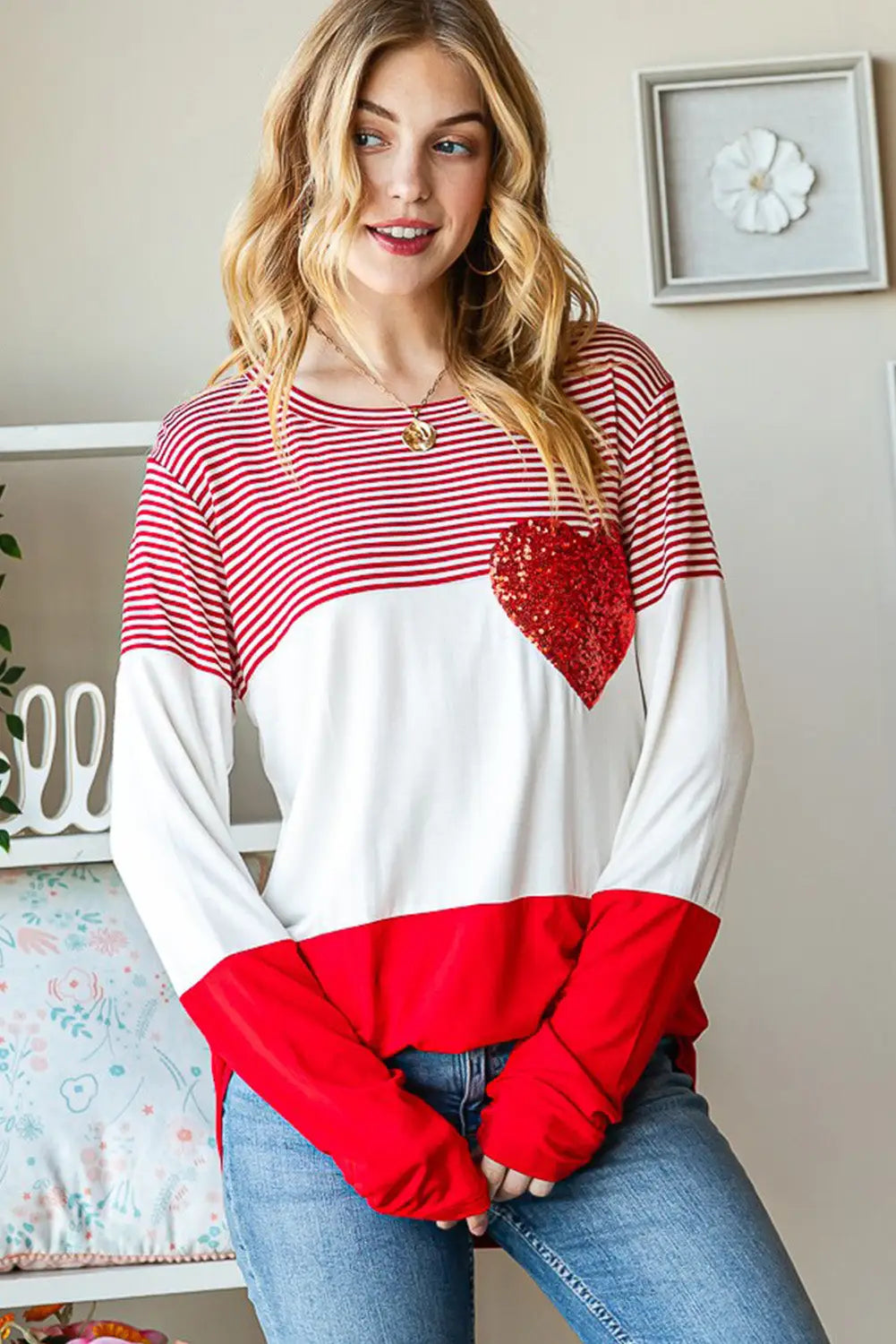 Fiery red valentine’s day sequin heart striped color-block top - long sleeve tops