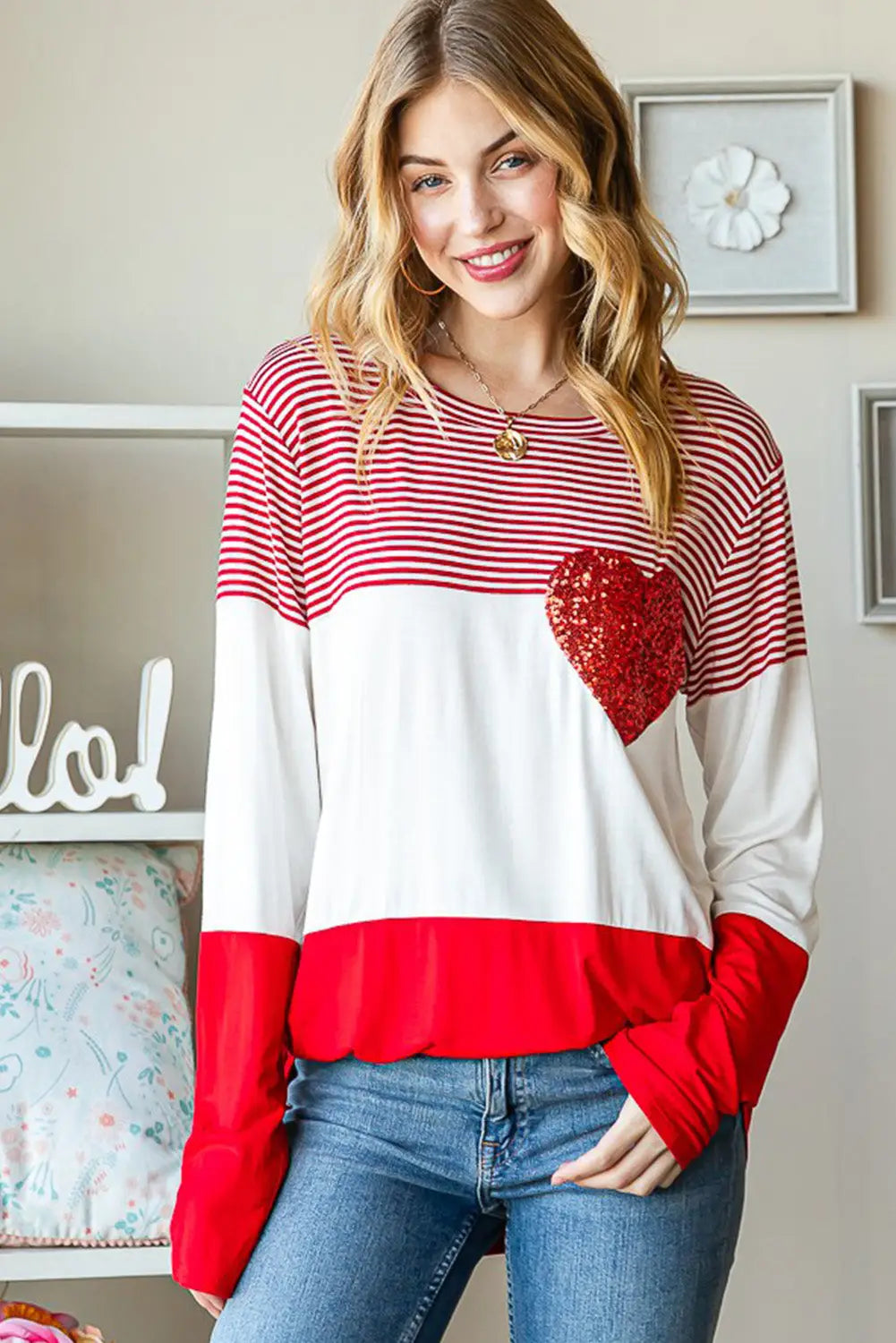 Fiery red valentine’s day sequin heart striped color-block top - long sleeve tops