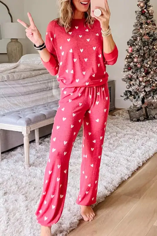 Fiery red valentines heart print pants set - l / 95% polyester + 5% elastane - sets