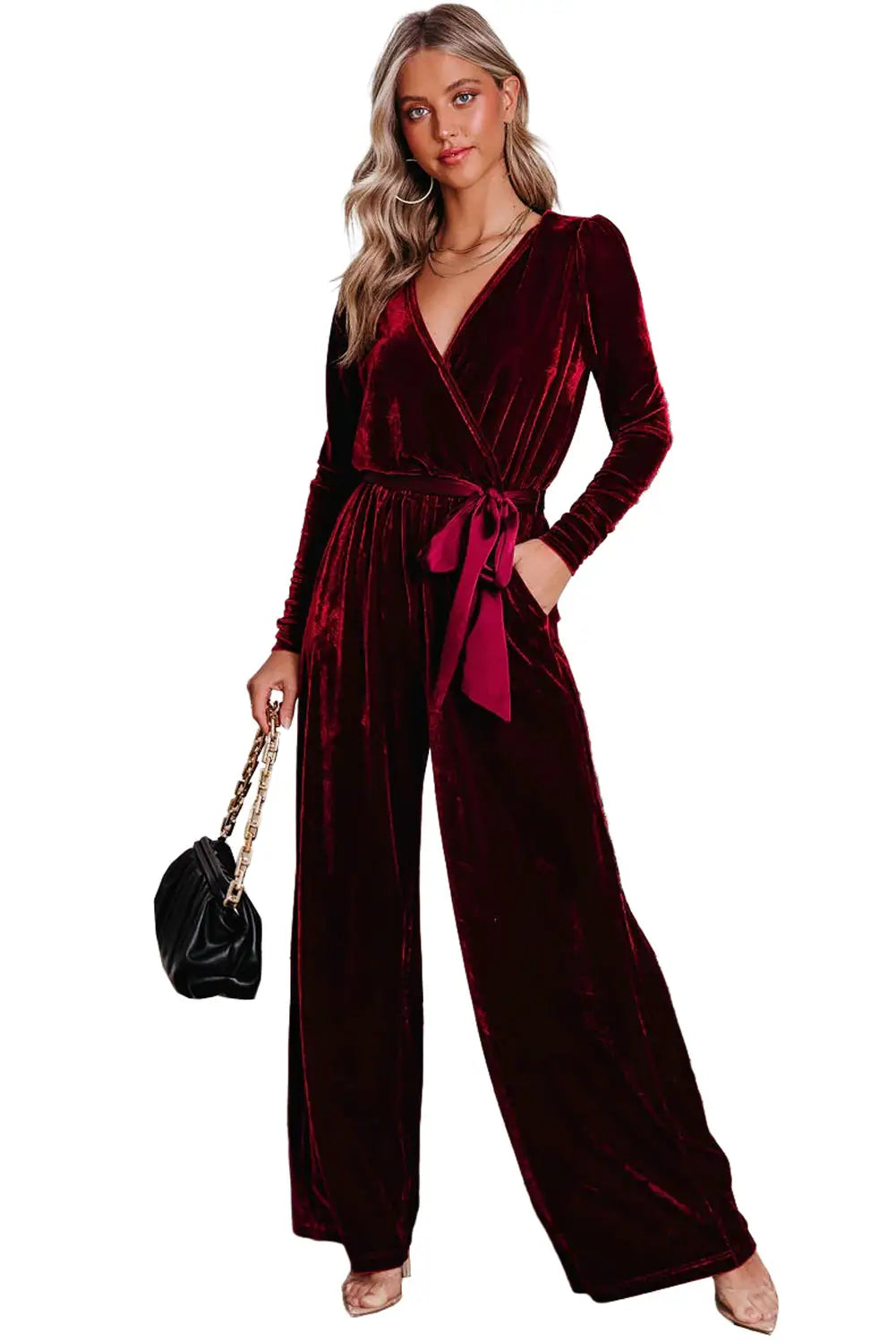 Fiery red velvet pocketed cut out back wide leg jumpsuit - jumpsuits & rompers
