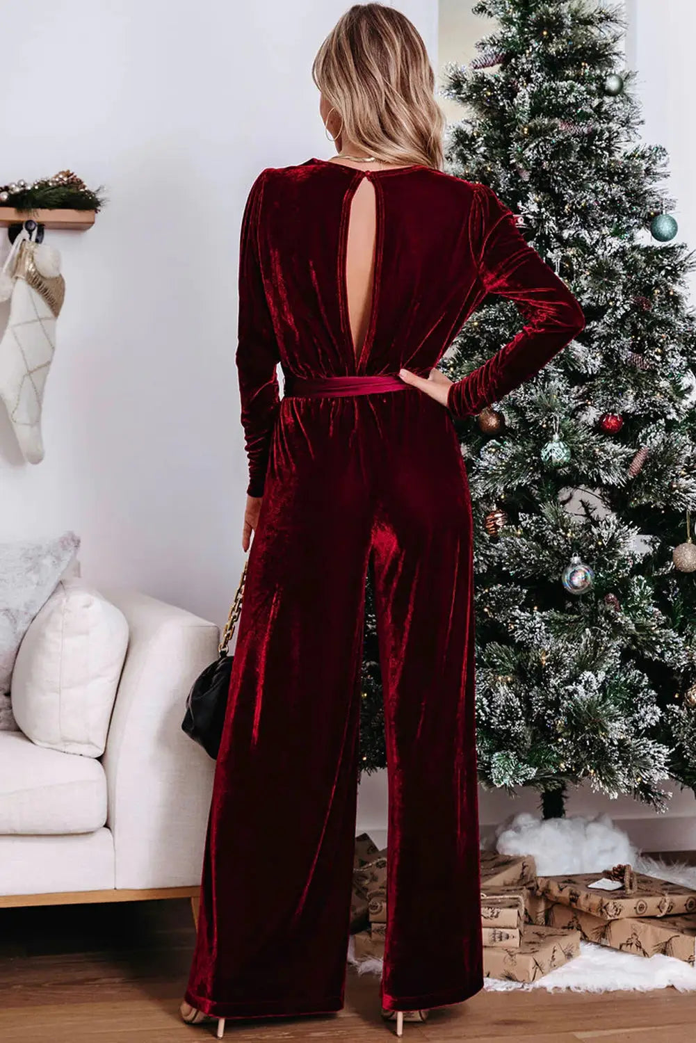 Fiery red velvet pocketed cut out back wide leg jumpsuit - jumpsuits & rompers