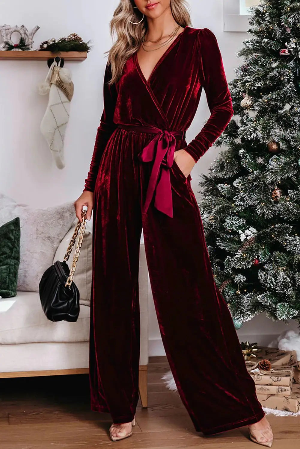 Fiery red velvet pocketed cut out back wide leg jumpsuit - l / 95% polyester + 5% elastane - jumpsuits & rompers