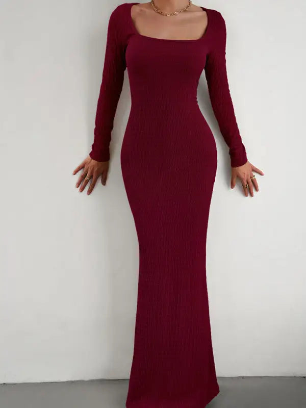 Fit square neck long sleeve knitted dress - bodycon dresses