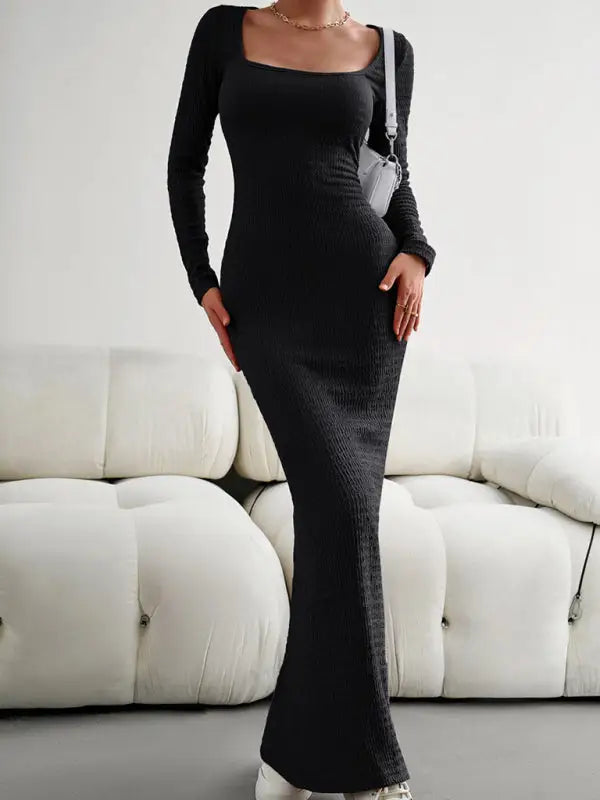 Fit square neck long sleeve knitted dress - black / s - bodycon dresses