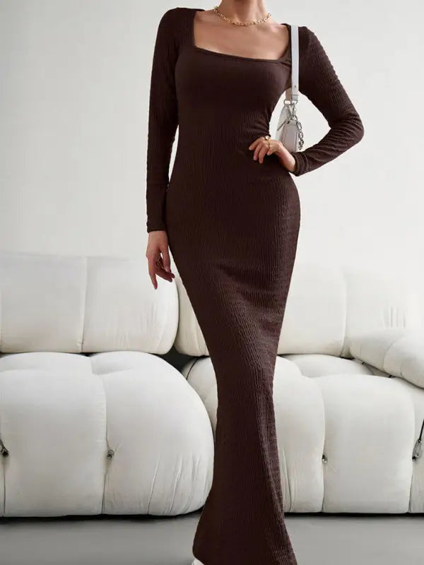 Fit square neck long sleeve knitted dress - brown / s - bodycon dresses