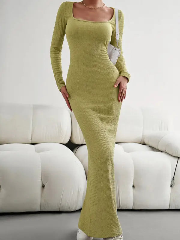 Fit square neck long sleeve knitted dress - grass green / s - bodycon dresses