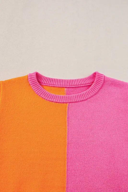 Flamingo sweater top - color block knit cap sleeve - short sweaters