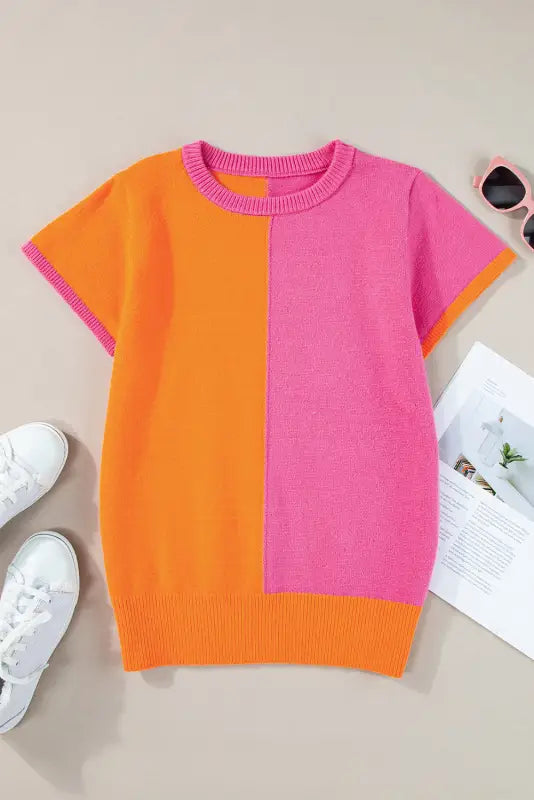 Flamingo sweater top - color block knit cap sleeve - short sweaters