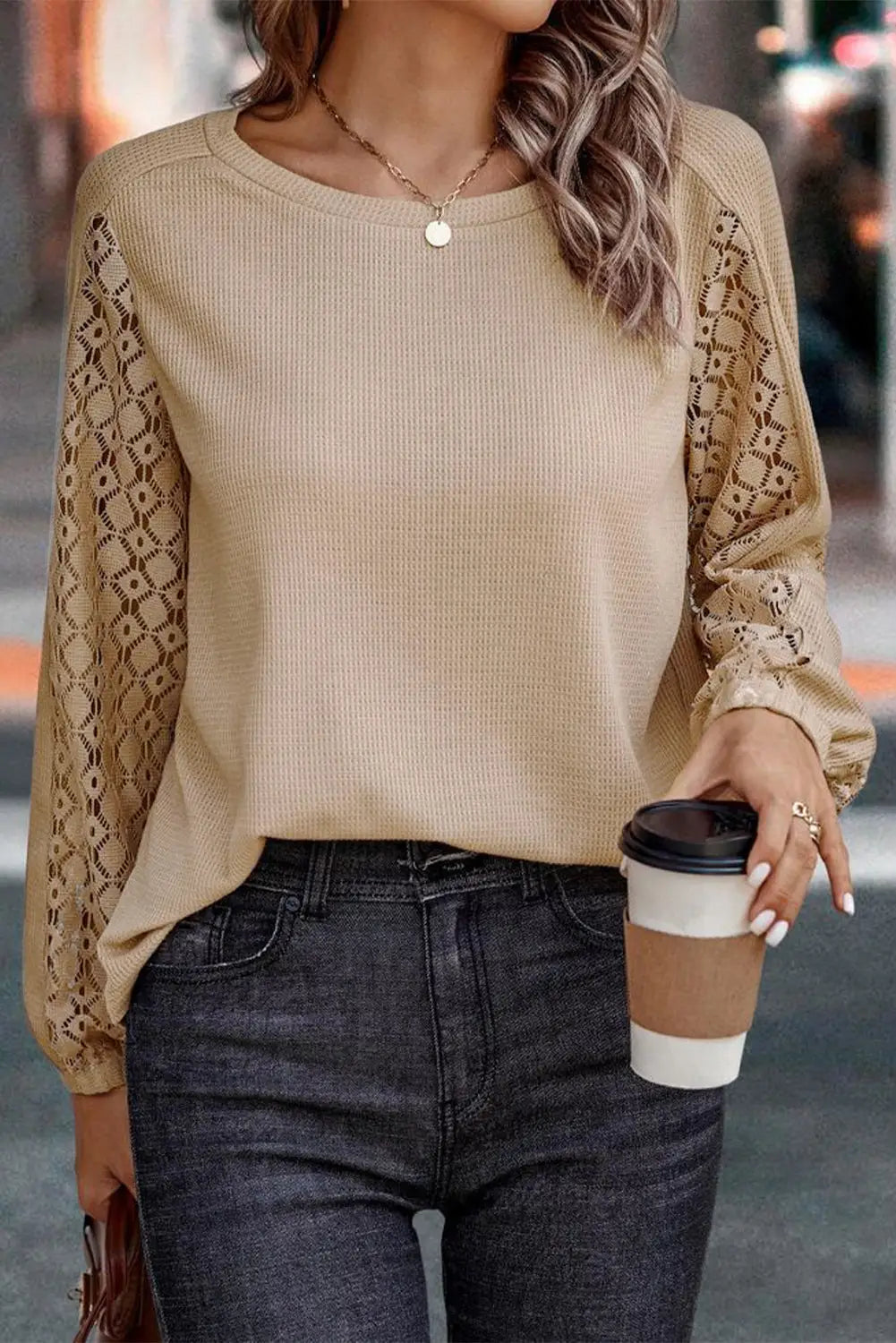 Flaxen lace patch sleeve waffle knit top - tops