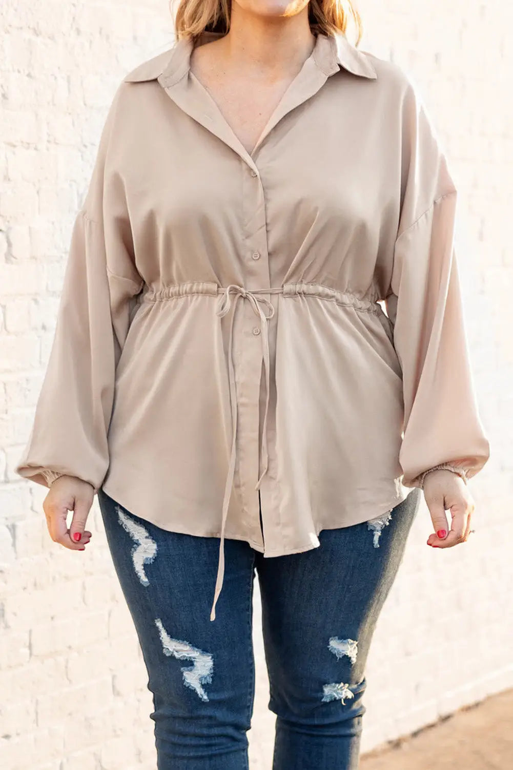 Flaxen plus size puff sleeve tied tunic shirt - 1x / 100% polyester