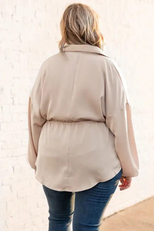 Flaxen plus size puff sleeve tied tunic shirt